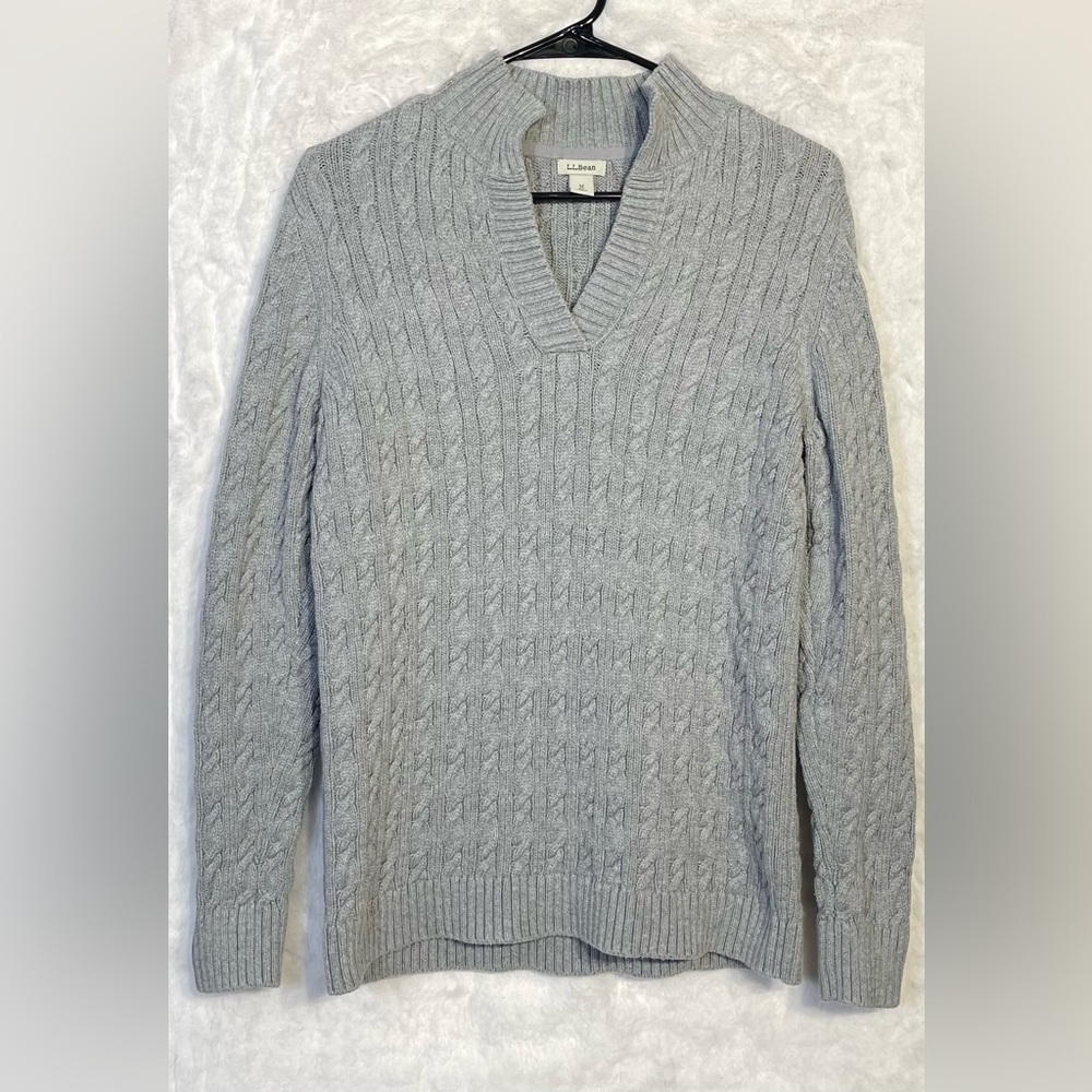 L.L. Bean Mens Gray Cable Knit V-Neck/Turtle Chunky Ribbed Sweater Preppy Medium